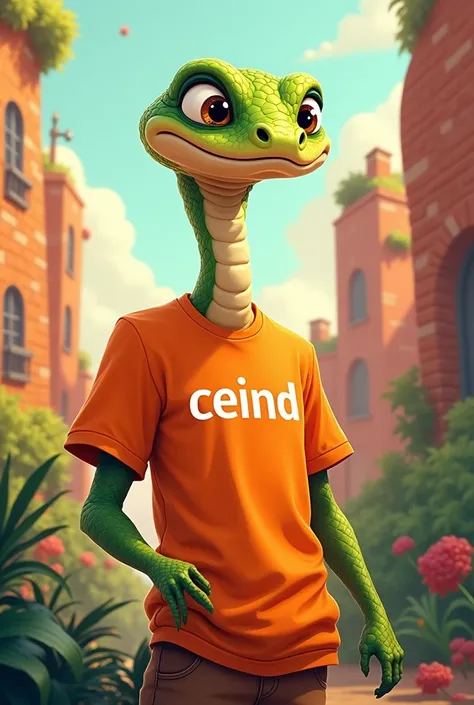 DRAW A SNAKE WITH AN ORANGE T-SHIRT AND IN THE T-SHIRT SAYS "CEIIND" . DRAW LIKE A ANIMATION