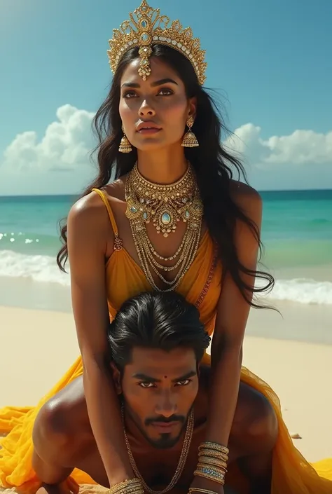 Beautiful sexy bengali princess wearing gold and diamond jewellery only and not dress on body riding on male slave on sea beach