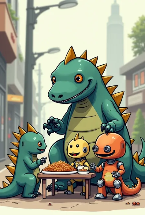 3 little godzillas having lunch 3 robots but one of them was a mechanical godzilla