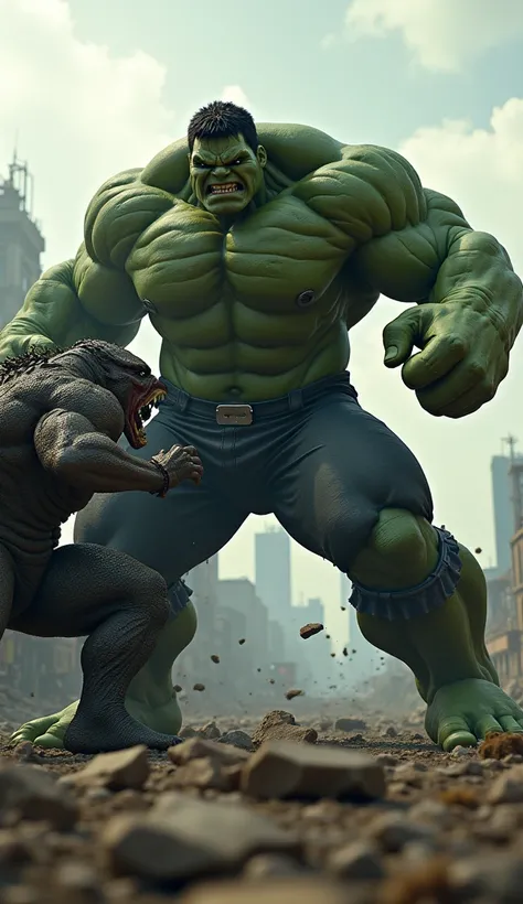 Hulk and Abomination, the two facing each other in a fighting stance. PICTURE REALISTIC, with 8k resolution.