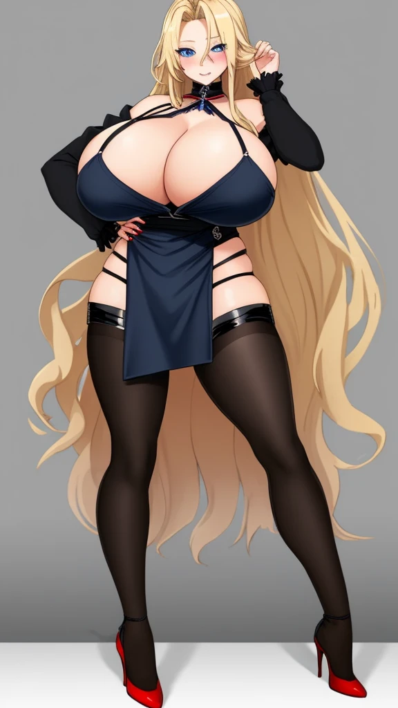 Busty girl with long, loose blonde hair, blue colored eyes, sexy black short clothes and red heels, mega gigantic breasts, Waist slender