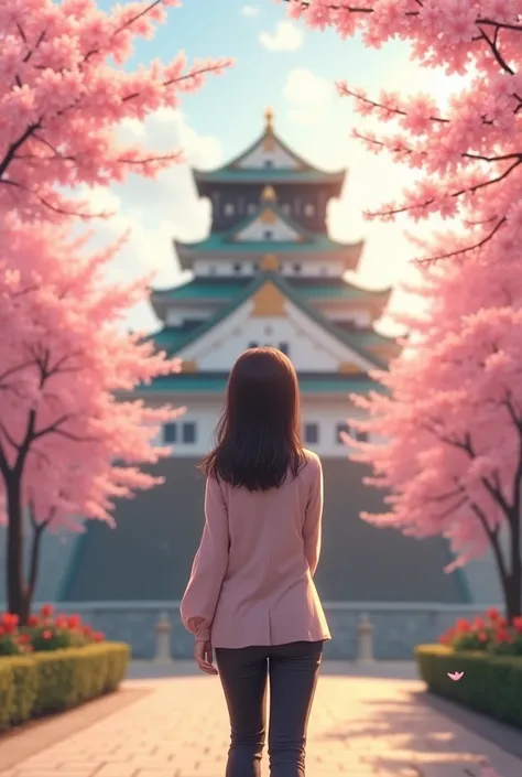 A young woman in a long-sleeved blouse and capri pants, standing in front of Kokura Castle. She is admiring the historic castle grounds with the vibrant cherry blossoms in the background. The soft, golden lighting of the late afternoon emphasizes her beaut...