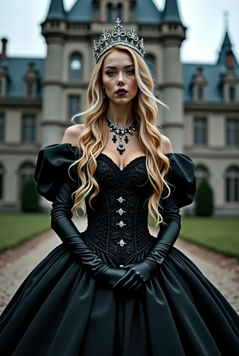 4k, masterpiece, high resolution, absurd, balldress, edgDeathKnight, a woman with long curly blonde hair, wearing a silver crown, in a black Victorian princess dress, wearing black silk gloves, up to the forearm, this stop at a beautiful Victorian castle. ...