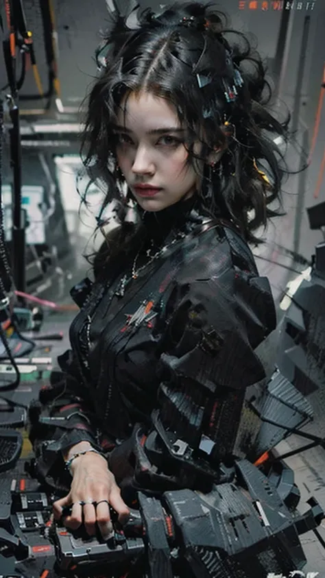 ((Best quality)), ((masterpiece)), (highly detailed:1.3), 3D, beautiful (cyberpunk:1.3) hacker woman with thick voluminous hair operating a computer terminal
