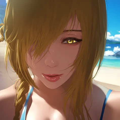 masterpiece, best quality,realistic,ultra realistic,realistic,1 woman,Marika,1girl,elegant body,beautiful face,detailed face,marika,blonde braided hair,yellow eyes,beach background,golden bikini,winking eyes,selfie,visible pupils,no visible hands, close up