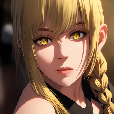 masterpiece, best quality,realistic,ultra realistic,realistic,1 woman,Marika,1girl,elegant body,beautiful face,detailed face,marika,blonde braided hair,yellow eyes,(crucifixion),arm wide open,black dress, close up