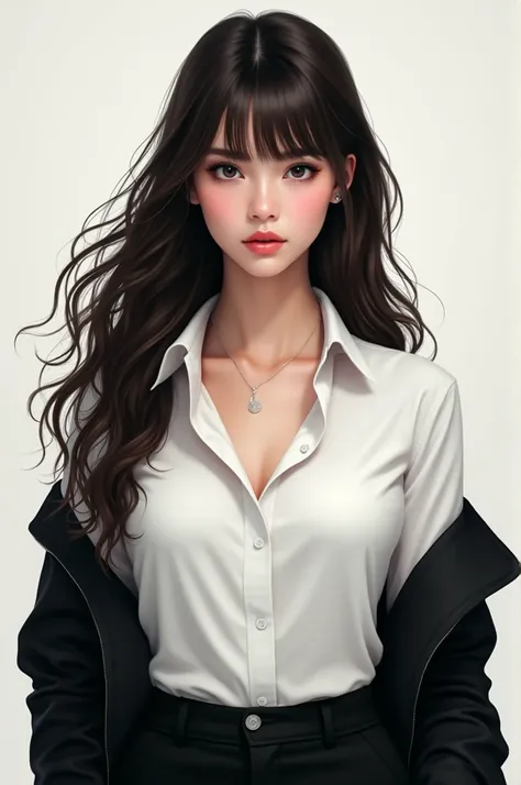 A beautiful girl with curtain bangs, open hair, wearing black dress pants,white shirt with open collar button,and black coat 