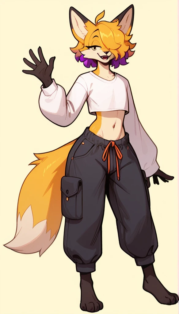 Excited expression, 1boy, (femboy), anthro, furry, fur, fluffy fur, fox boy, yellow and black fur body, fluffy, long yellow hair, purple highlights, messy hair, (19 years), thicc thighs, solo, (light yellow background), detailed, wide smile, half closed ey...