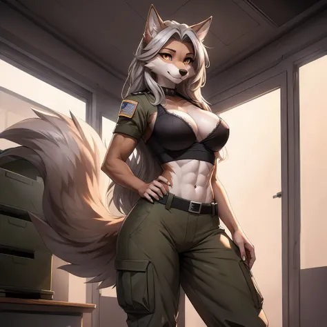 an anthropomorphic wolf in silver color, Female, light gray hair, white details in your hair, eyes browns, amber eyes, soft fur, long and furry tail. Youngh, 180 cm tall, small claws, long hair . ATHLETIC BODY, , standing, military accommodation scenario ,...