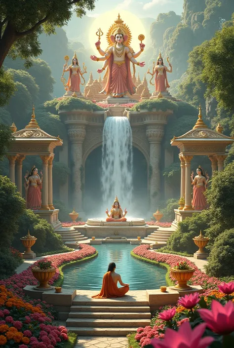 Create heaven beautiful royal garden where god & goddess setting cheat full with hindu god and goddes