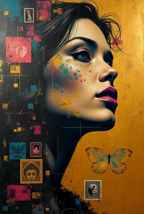 A captivating and vibrant painting of a womans profile, boldly portrayed with layers of dynamic geometric patterns, vintage stamps, and abstract paint strokes. Her face is partially visible, emerging through the intricate design. The strong colors of black...