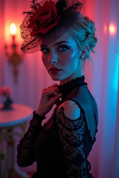 Tall, glamorous, sexy blonde, blue-eyed, Caucasian beauty, wearing an eerie black lace dress with spider web pattern, delicate sheer sleeves, crimson fascinator with net and decorative elements, hair styled in an updo, indoor studio setting, psychedelic pr...