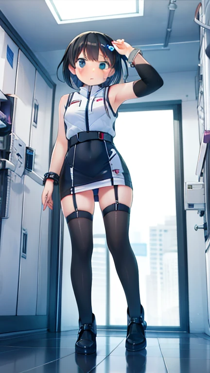 (Highest quality), (masterpiece), 1080P, High resolution, 4K, 8k, Inside the space station、Futuristic room、Thigh straps, Shooting from directly below, The woman on top of me, 白いSweat, Covered , Sweat, Woman looking down, Skirt swimsuit, Thigh-high socks, T...