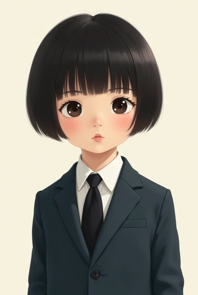 Japanese child with bowl haircut and fringe in suit