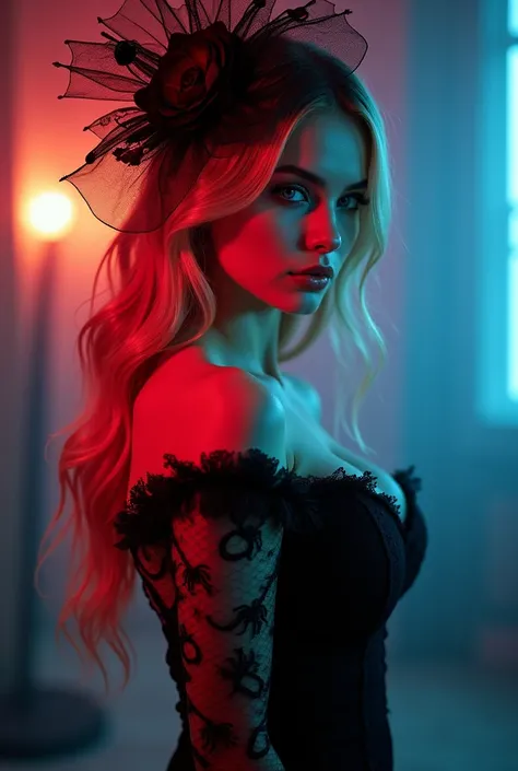 Tall, curvy, sexy blonde, blue-eyed beauty, with large, saggy breasts, upper boobs, wearing a backless, off-the-shoulder, black lace dress with an eerie spider web pattern, delicate sheer sleeves, crimson fascinator with net and decorative elements, hair s...