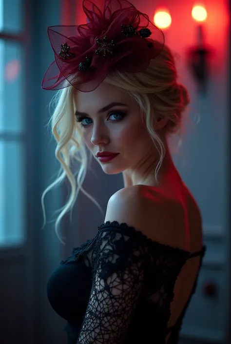 Tall, curvy, sexy blonde with blue eyes, large saggy breasts, upper boobs, backless, off-the-shoulder black lace dress with eerie spider web pattern, delicate sheer sleeves, crimson fascinator with net and decorative elements, perfect hair neatly styled in...