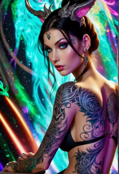 Create a hyper detailed photograph of a perfectly simetrical tattooed Gentle feminine curved young sexy female sorcerer, Stunningly perfect gorgeous feminine face, perfect makeup, detailed vibrant neon eyes, long hair, Gentle curves, Fuller cheek bones, Sm...