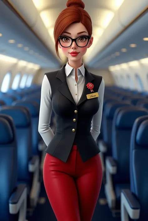 Provide a female flight attendant avatar with large and plump breasts, eye-glasses, realistic looking of nordic ancestry, very detailed, with very straight auburn hair tied in a bun, big chestnut eyes and freckles, and this is mandatory, she must wear a bl...