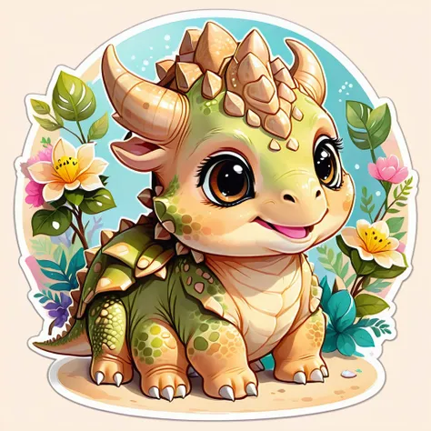 cute little animals, an adorable baby triceratops, kawaii, high qualiy, digital art illustration, sticker art