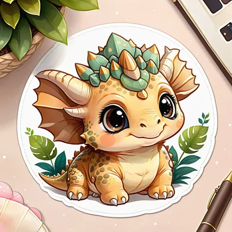 cute little animals, an adorable baby triceratops, kawaii, high qualiy, digital art illustration, sticker art