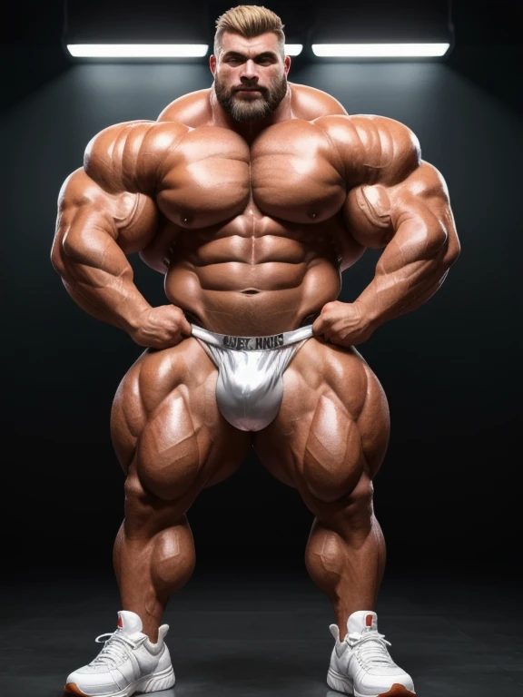 Full body shot of a gigantic gay bodybuilder, 30 years old、The whole body is in balance、Facing the camera、White male、A handsome face overflowing with male hormones、Handsome、Gentle expression、Cool face、A well-groomed medium round beard、Her hair is short, bl...