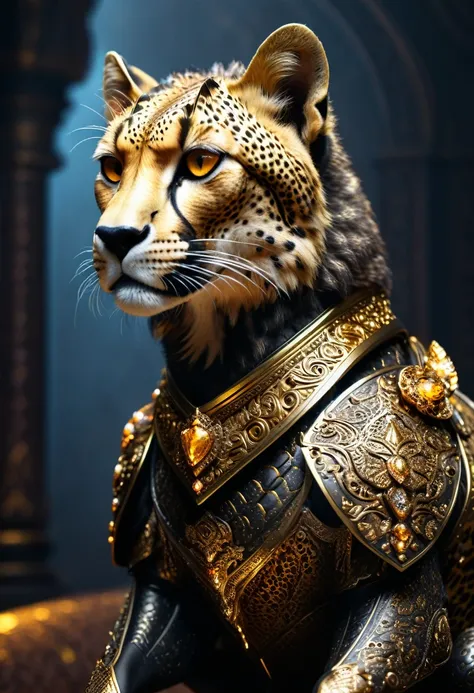 A regal cheetah adorned in ornate, dark bronze armor, with glowing golden eyes and an intricate crown that highlights its majestic presence. Its fur is covered in dark markings that seem to shimmer in the light, while its armor is adorned with intricate ca...