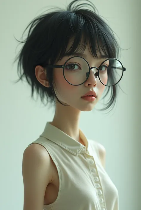 Tall, thin girl packed skin, round lenses, long oval face, big nose, small eyes, short mullet hair .