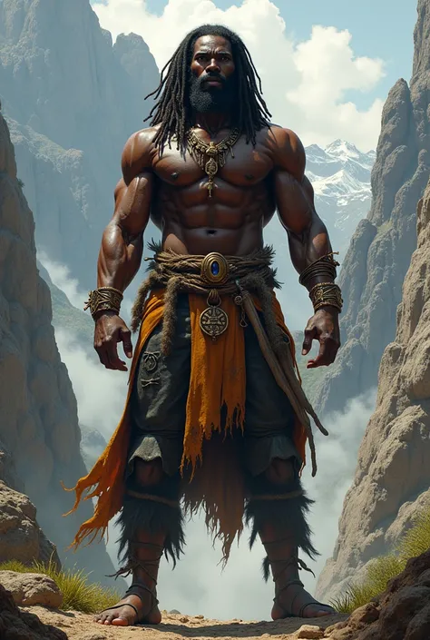 I would like a strong, muscular Black man with dreadlocks. He will be the god of the earth, standing in a mountainous and rocky landscape. I would like him to be depicted in a mature style, with the art being in a fantasy and RPG style set in the Old West.