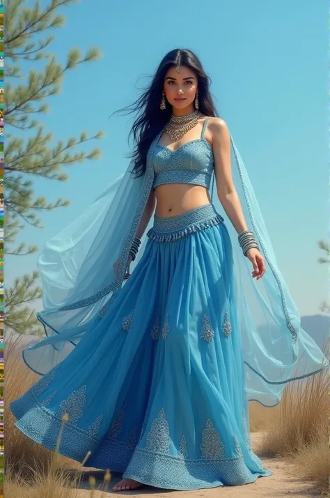 Sexy thick figure indian hot wife of 3 with white skin standing in blue lehenga with white silk blouse and sky blue silk chunri 