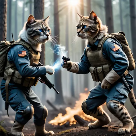 cinematic photo, realistic, modern battlefield cats versus humans, cats wearing modern combat camouflage uniforms, fighting on battlefield, guns, shots, fire, smoke, explosion, flying parts, film grain, 8k, uhd, insane detailed, award-winning photo, epic c...