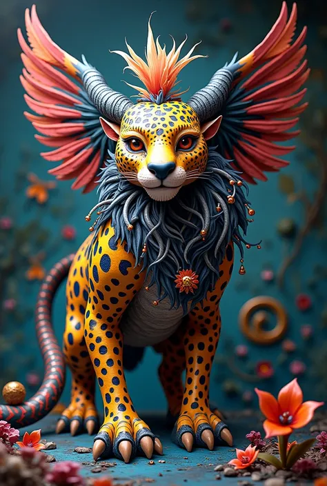 Generate an alebrije by mixing a Devil , Lion , jaguar , SNAKE , Axolotl and an Eagle