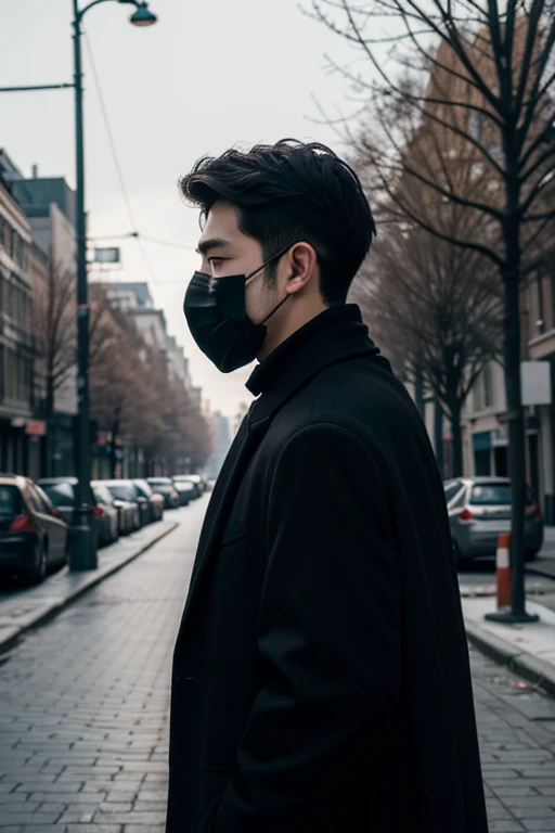 4k quality, (facing away from the camera), a man wearing a mask, black mask, black overcoat, The background in city, street, trees, Super Detailed, Masterpiece, 