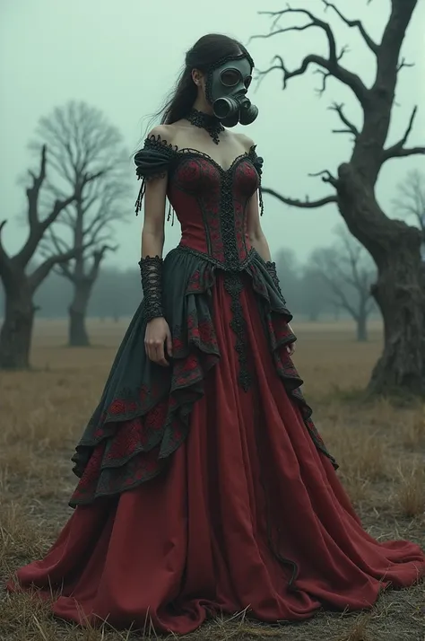 Beautiful woman in baroque dress and gas mask in a field of dry trees. 