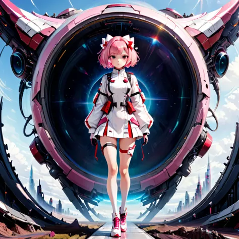 military outfit, white and red color scheme, futuristicdetails short pink hair with hair bow, full body , looking the viewer