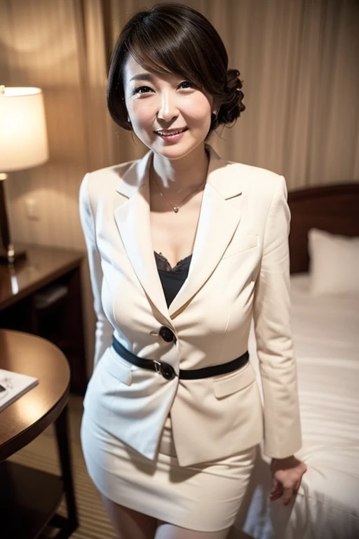 masterpiece、Photo quality、Japanese Mature、Businesswoman、business suit、Cotton tight skirt、Updo、smile、bangs、Droopy eyes、Beautiful chest、sexy、Beautiful flesh-colored thighs、A luxury hotel room、