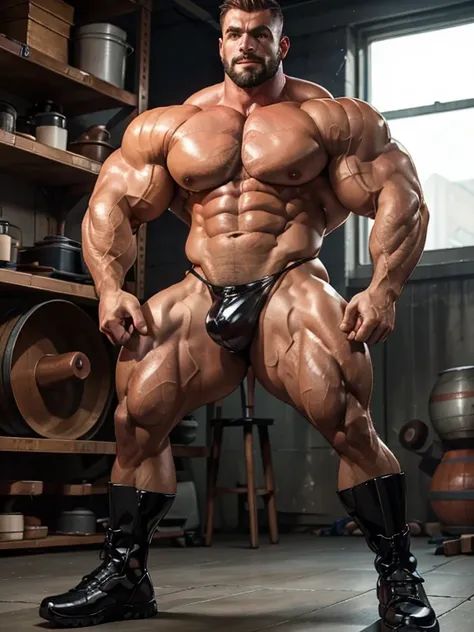 Full body shot of a gigantic gay bodybuilder, 30 years old、The whole body is in balance、Facing the camera、Arabic men、A handsome face overflowing with male hormones、Handsome、Gentle expression、Cool face、A well-groomed medium round beard、Her short, silver-col...