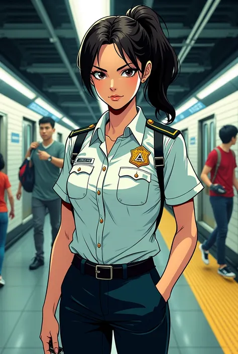 Female subway security guard manga style 