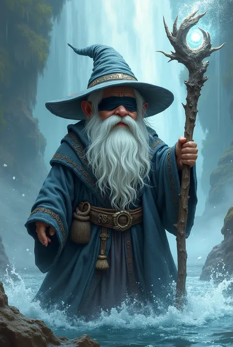 Make a person a dwarf,with a white beard and white hair and with a gray wizard&#39;s outfit hat,with a black band completely covering his eyes,he controls the water element with a staff