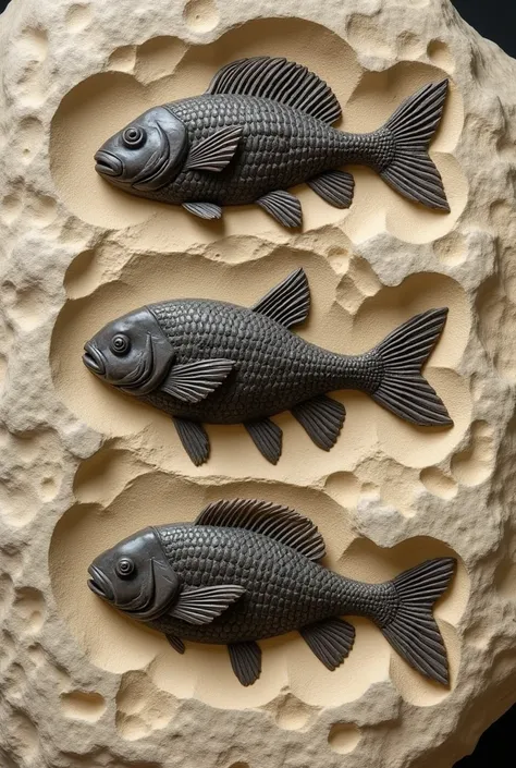 "A sedimentary rock showing three fish fossils preserved in fine detail. The fossils exhibit clearly visible backbones and fins., arranged in a natural formation, as if they had been fossilized together due to a sudden event. The rock around the fossils is...