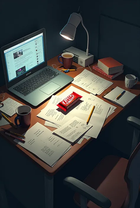 A messy desk full of papers, Empty coffee cups and a laptop with multiple tabs open. In the center of the image, a partially wrapped KitKat bar