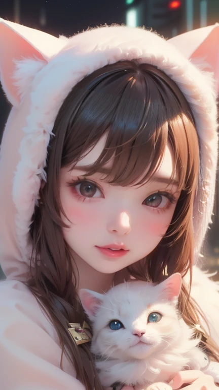 Detailed image quality，clear and beautiful eyes，，high quality，(best quality, masterpiece, Very detailed, ((masterpiece, best quality, portrait, Cute cat and puppy in sheep costumes, Low light, Bad temper, Neon lights in the city at night 8k