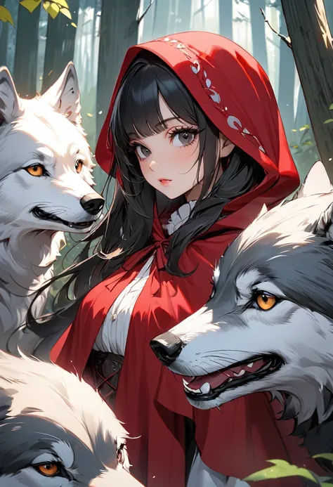 ((best quality)), ((Masterpiece)), (details), 1 woman, Medium bust, black hair, black eyes, ((long hair, buns)), Bangs , curve, beautiful face, Beautiful skin , Long eyelashes, Thick eyelashes, Little Red Riding Hood, Raising wolves, 1 wolf, In the forest