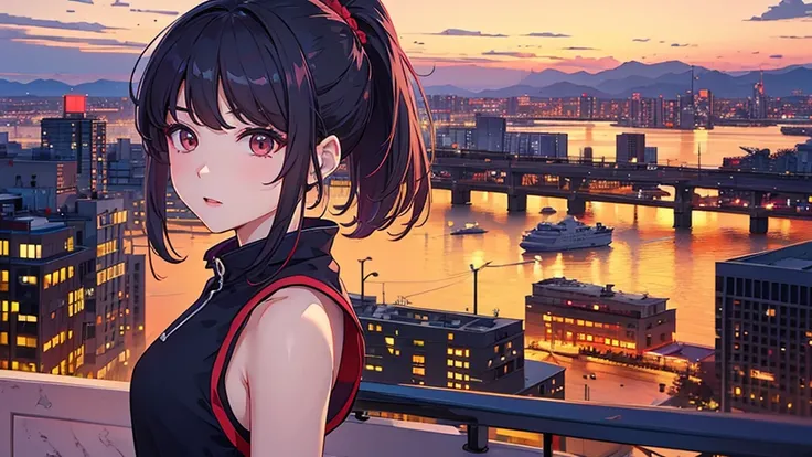 Gao Jiejie, 8k, Highest quality, Clear Face, MUSIC ARTWORK, Upper Body, Beautiful Face, ponytail, 1 girl, City at dusk, earphone,