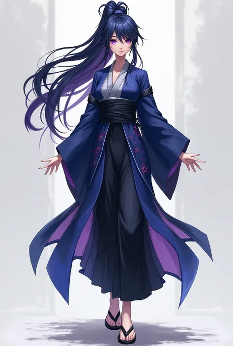 Create a character with long hair tied into a high ponytail, colored in a deep blue that shimmers with purple or black highlights. His eyes are sharp and intense, glowing in a vibrant purple or deep blue hue. He wears a fitted kimono in shades of blue and ...