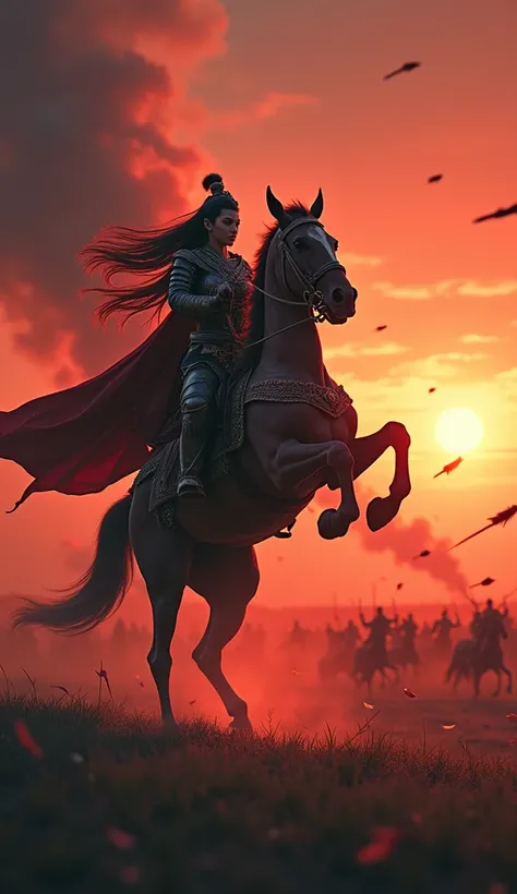 An epic battlefield at dusk, with a fierce Mongol warrior princess on horseback leading her soldiers into combat. The sky is fiery red with smoke rising, and in the distance, armies clash. The princess has long flowing hair, armor gleaming, and a stern, de...