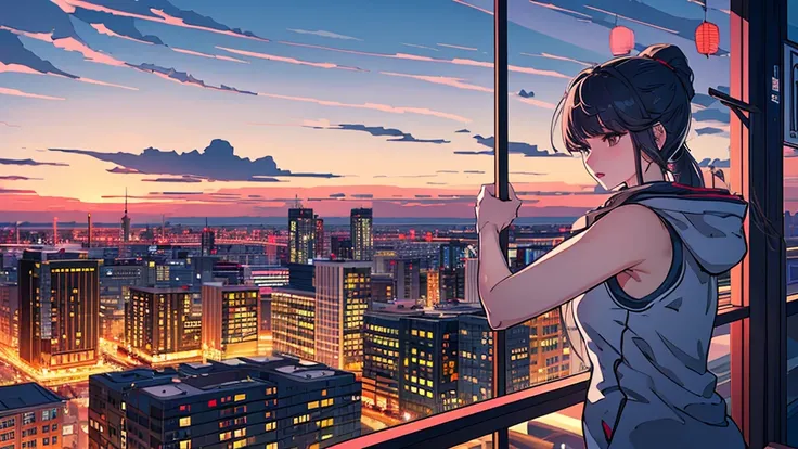 Gao Jiejie, 8k, Highest quality, Clear Face, MUSIC ARTWORK, Upper Body, Beautiful Face, ponytail, 1 girl, City at dusk, Grey hoodie,
