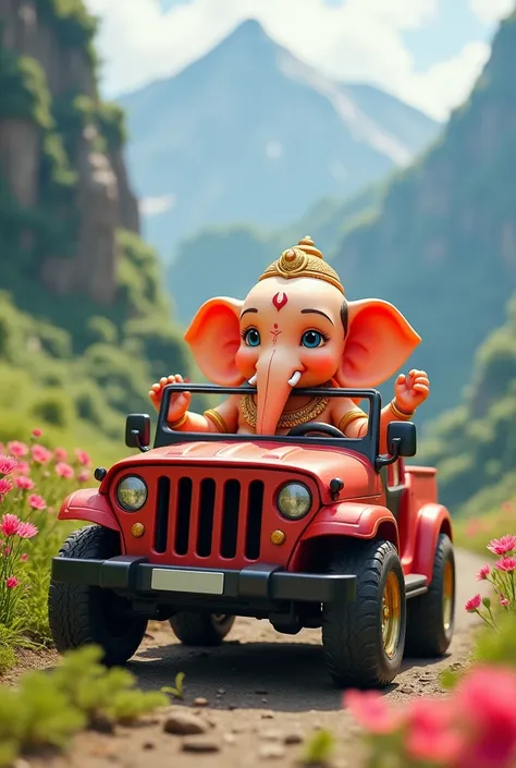 A beautiful scene is depicted featuring Lord Ganesha as a child driving a red jeep. Alongside him sits a small mouse, which serves as his vehicle. In the background, lush green mountains are adorned with various types of blooming flowers, creating a pictur...