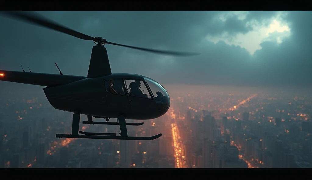 cinematic dramatic lighting, a man soaring through the night sky in a helicopter, ultra-detailed, 8k, dramatic cityscape below, glowing city lights, cloudy atmosphere, cinematic composition, moody colors, dramatic shadows, volumetric lighting, photorealist...