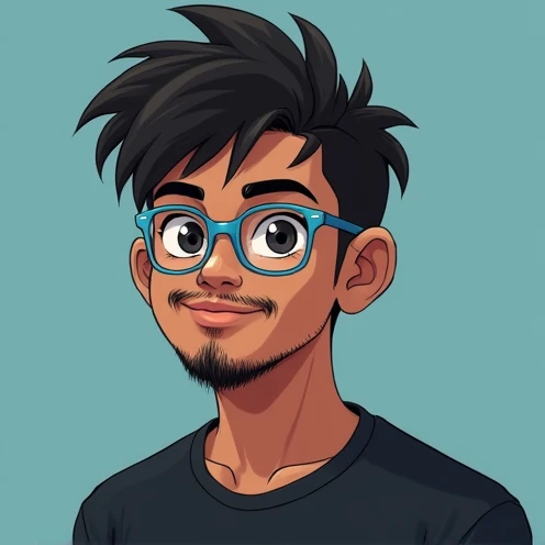 dark skin Indian 2D anime boy, 20 year old, ((dark skin complexion)), (round face), short curly mullet, ((curly hair,big nose)), (chubby cheeks), big ears, with transparent blue glasses and with beard and mustache unconnected, black shirt