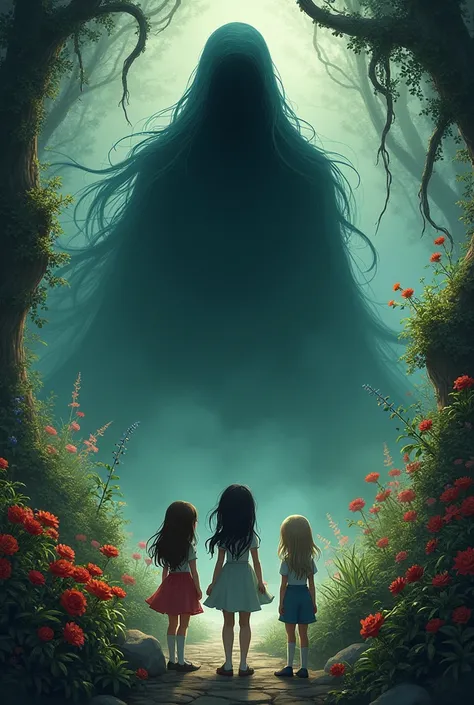 A dark, swirling shadow looms ominously over the garden. The shadow has an undefined, eerie shape, and its presence causes the vibrant colors of the garden to fade slightly. Lily and her friends look determined as they face this threat.